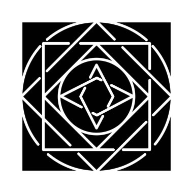 Süslü kare sembol. Dekoratif geometrik figür. Daireler ve kare elementler. Dinamik soyut şekil. Karmaşık izometrik form. Siluet sembolü. Boşluk yok. Vektör izole illüstrasyonu