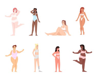Mayolar ve iç çamaşırlı düz vektör çizimleri giymiş kadınlar. Vücut pozitif. Eşitlik ve feminizm için mücadele edin. Farklı milletlerden gülümseyen kadınlar çizgi film karakterlerini izole ederler.