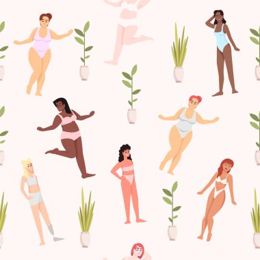 Vücut pozitif düz vektör deseni. Beyaz arka plan, mayo desenli çok kültürlü kadınlar. Feminizm. Artı boyut modelleri. Gülümseyen kızlar. Karakterli ambalaj kağıdı, duvar kağıdı tasarımı