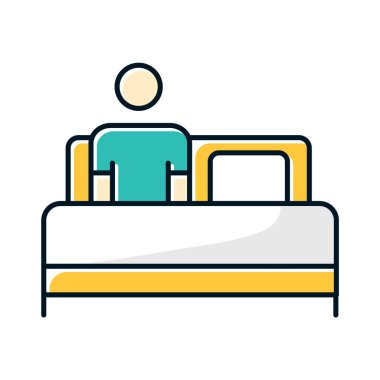 Yatak istirahatı renk ikonu. Adam battaniyenin altında dinleniyor. Sık kullanılan soğuk algınlığı. Grip enfeksiyonu iyi gelir. Grip virüsü tedavisi. Sağlık hizmetleri. Rahatlık ve rahatlık. Yatak odasında hasta biri var. İzole vektör illüstrasyonu