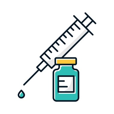 Aşılama renk simgesi. Şişeli şırınga. Genel soğuk algınlığı önleme yöntemi. Bağışıklık aşısı. Grip ve grip virüsü önlemi. Sağlık hizmetleri. İlaç ve eczane. İzole vektör illüstrasyonu