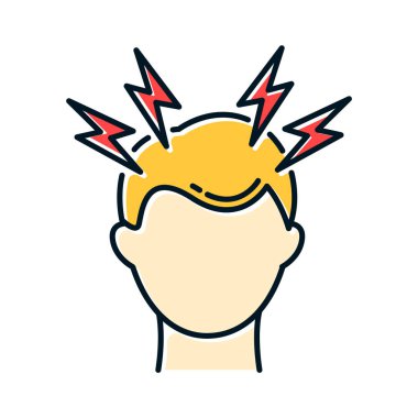 Baş ağrısı rengi simgesi. Migrenim tuttu. Baş ağrısı. Genel soğuk algınlığı semptomu. Sağlık hizmetleri. Grip enfeksiyonu, grip virüsü. Sağlık hizmetleri. Basınç ve gerilim. Endişe ve stres. İzole vektör illüstrasyonu