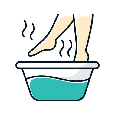 Ayak banyosu renk ikonu. Bacağını sıcak suya sok. Spa tedavisi. Genel soğuk algınlığı tedavisi. Sağlık ve cilt bakımı. Sağlıklılık. Grip enfeksiyonu, grip virüsü yardımı. Hastalık yardımı. İzole vektör illüstrasyonu