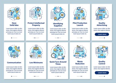 Yerel üretim mobil uygulama sayfası ekranında, doğrusal kavramlar. - Girişimcilik. İş açılışı, gelişme. Yürüyüş adımları grafiksel talimatlar. Ux, Ui, Gui vektör şablonu, çizimler