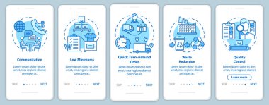 Yerel üretimin avantajları doğrusal kavramlarla mobil uygulama sayfası ekranında. Beş aşamalı grafik talimatlar. İletişim. Ux, Ui, resimli Gui vektör şablonu