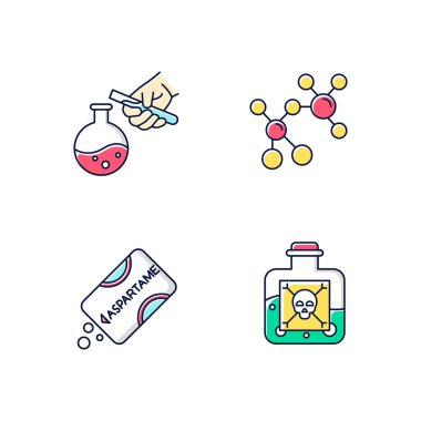 Bilim gelişimi renk simgeleri ayarlandı. Biyoteknoloji ürünleri. Yapay tatlandırıcı. Laboratuvarda çalışıyorum. Kimyasal sıvılar üretiyorlar. Organik kimya araştırması. İzole vektör çizimleri