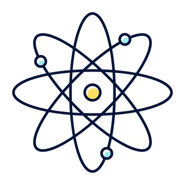 Molekül atomu renk simgesi. Nükleer enerji kaynağı. Elektron yörüngeli atom çekirdeği. Bilim sembolü. Kuantum fiziği. Parçacık modeli. Organik kimya. İzole vektör illüstrasyonu