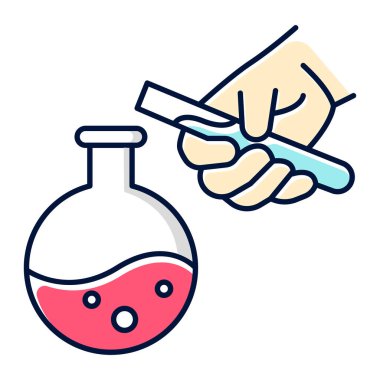Kırmızı sıvı matara ve mavi test tüpü renk simgeleri ayarlandı. Organik kimya. Deney yapıyorum. Laboratuvar işi. Kimyasalları karıştırıyorum. Bilimsel araştırma, uygulama. İzole vektör çizimleri