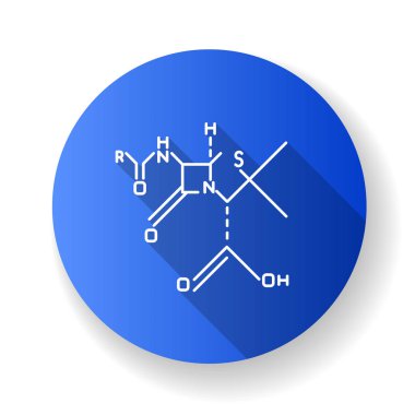 Kimyasal moleküler formül mavi düz dizayn uzun gölge sembol. Moleküllerin içindeki atomların bağlanması. Organik kimya şeması. Element bileşikleri. Vektör silueti çizimi