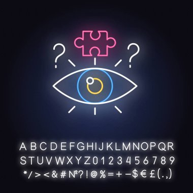 Bilmece çözme işlemi neon ışık simgesi. Zihinsel egzersiz. Yapboz. Meydan okuma, gizem, soru. Zeka küpü. Alfabe, sayılar ve sembollerle parlayan işaret. Vektör izole illüstrasyonu