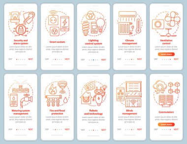 Akıllı ev mobil uygulama sayfası vektör şablonu ayarlandı. Modern ev otomasyon sistemleri. Doğrusal çizimler içeren web sitesi adımları. Ux, Ui, Gui akıllı telefon arayüzü kavramı