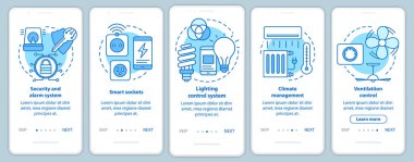 Mobil uygulama sayfa vektör şablonu üzerinde akıllı ev. Yaşam konforu için ev otomasyon sistemi. Doğrusal çizimler içeren web sitesi adımları. Ux, Ui, Gui akıllı telefon arayüzü kavramı