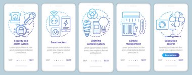 Mobil uygulama sayfa vektör şablonu üzerinde akıllı ev. Yaşam konforu için ev otomasyon sistemi. Doğrusal çizimler içeren web sitesi adımları. Ux, Ui, Gui akıllı telefon arayüzü kavramı
