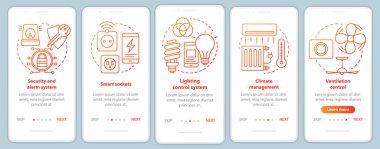 Mobil uygulama sayfa vektör şablonu üzerinde akıllı ev. Yaşam konforu için ev otomasyon sistemi. Doğrusal çizimler içeren web sitesi adımları. Ux, Ui, Gui akıllı telefon arayüzü kavramı