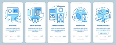 Mobil uygulama sayfa vektör şablonu üzerinde akıllı ev. Güvenlik ve rahatlık için otomasyon sistemleri. Doğrusal çizimler içeren web sitesi adımları. Ux, Ui, Gui akıllı telefon arayüzü kavramı