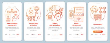 Mobil uygulama sayfa vektör şablonu üzerinde akıllı ev. Ev aletlerinin otomatik kontrolü. Doğrusal çizimler içeren web sitesi adımları. Ux, Ui, Gui akıllı telefon arayüzü kavramı