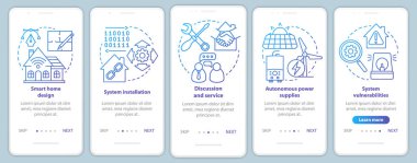 Mobil uygulama sayfa vektör şablonu üzerinde akıllı ev. Ev otomasyon sistemi tasarımı ve servisi. Doğrusal çizimler içeren web sitesi adımları. Ux, Ui, Gui akıllı telefon arayüzü kavramı