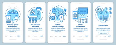 Mobil uygulama sayfa vektör şablonu üzerinde akıllı ev. Ev aletlerinin otomatik kontrolü. Doğrusal çizimler içeren web sitesi adımları. Ux, Ui, Gui akıllı telefon arayüzü kavramı