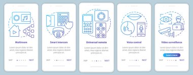 Mobil uygulama sayfa vektör şablonu üzerinde akıllı ev. Güvenlik ve rahatlık için otomasyon sistemleri. Doğrusal çizimler içeren web sitesi adımları. Ux, Ui, Gui akıllı telefon arayüzü kavramı