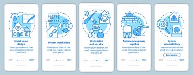 Mobil uygulama sayfa vektör şablonu üzerinde akıllı ev. Ev otomasyon sistemi tasarımı ve servisi. Doğrusal çizimler içeren web sitesi adımları. Ux, Ui, Gui akıllı telefon arayüzü kavramı