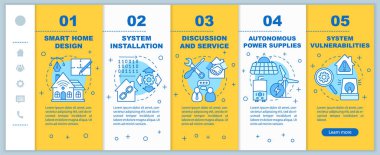 Mobil web sayfasındaki akıllı ev vektör şablonu. Ev otomasyon sistemi. Doğrusal çizimlerle ilgili akıllı telefon web sitesi arayüzü fikri. Web sayfası basamak ekranları. Renk konsepti