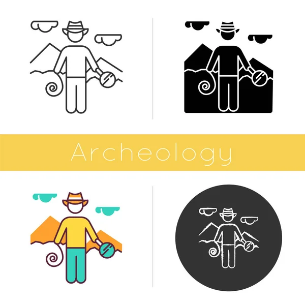 Εικονίδιο Του Εξερευνητή Ένας Άντρας Καπέλο Και Εργαλεία Ανακάλυψη Αιγυπτιακών — Διανυσματικό Αρχείο