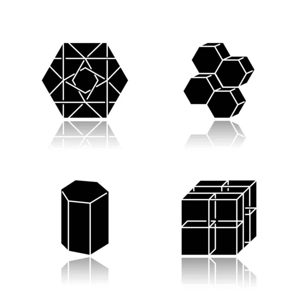 Figures Géométriques Ombre Portée Icônes Glyphe Noir Ensemble Hexagone Plat — Image vectorielle