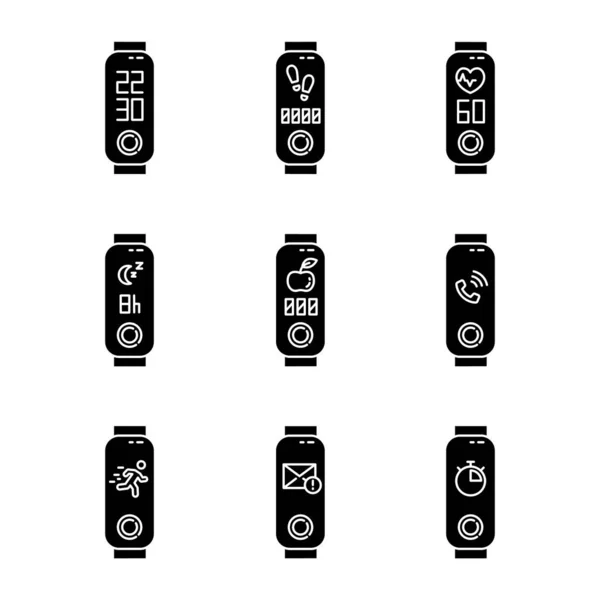 Fonctions Suivi Forme Physique Icônes Glyphe Ensemble Accessoire Mode Vie — Image vectorielle