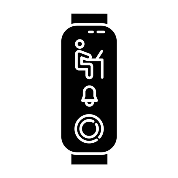 Fitness tracker with working man on display glyph icon. Wellness device, gadget monitoring work hours with notification. Silhouette symbol. Negative space. Vector isolated illustration