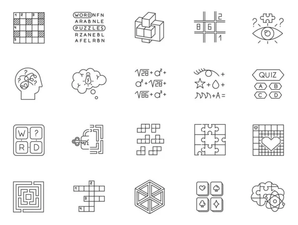 Puzzle Indovinelli Set Icone Lineari Esercizio Mentale Sfida Lingua Test — Vettoriale Stock