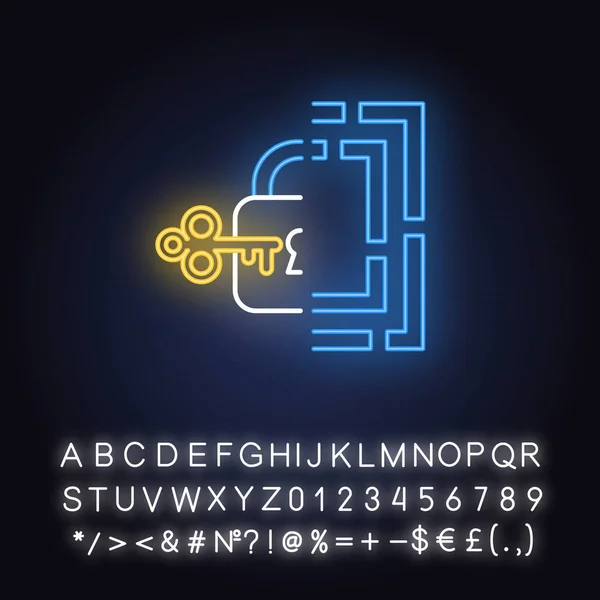 Rätsellösung Mit Neonlicht Ikone Labyrinth Schlüsselschloss Puzzle Denksport Logikspiel Erfindergeist — Stockvektor