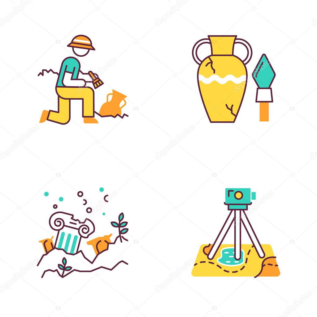 Archeology color icons set. Excavation and research. Ancient artifact. Amphora and spear. Lost cities. Column ruins. Field survey. Historical discoveries. Isolated vector illustrations
