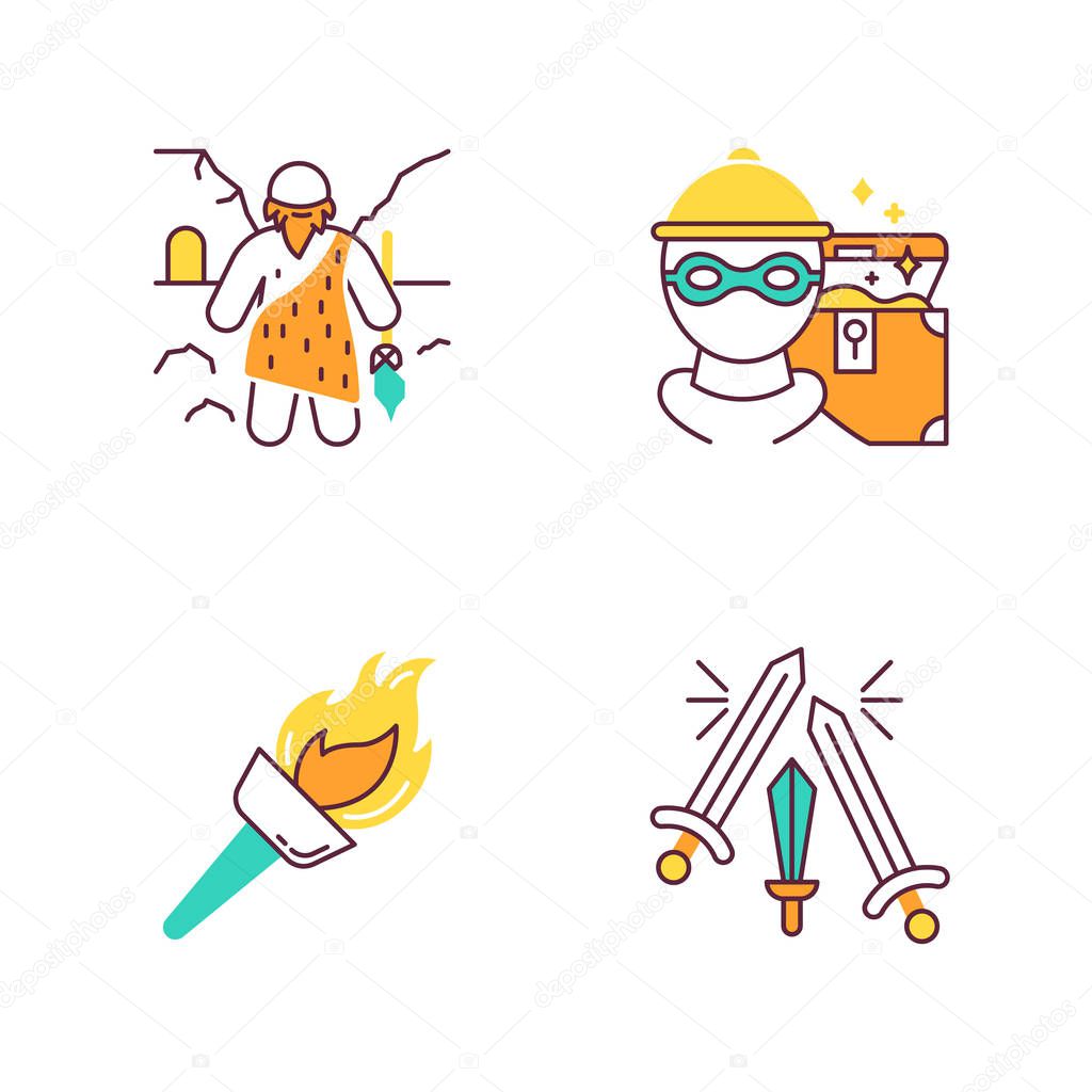 Archeology color icons set. Prehistoric man. Caveman. Marauding. Treasure hunt. Robbery. Flambeau. Flaming torch. Beacon. Sword fight. Weapons clash in battle. Isolated vector illustrations