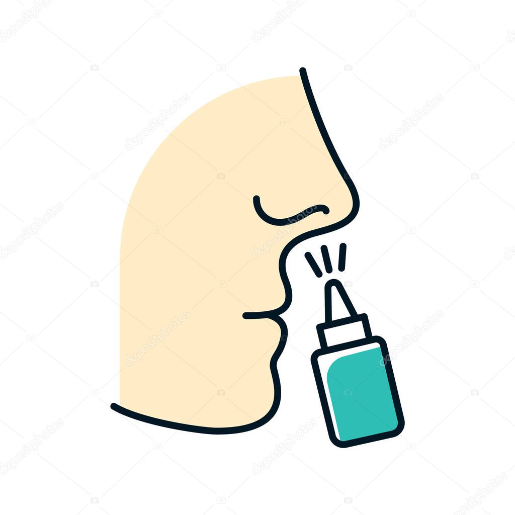 Drip nose color icon. Nasal disease. Flu and influenza virus. Common cold. Healthcare. Sickness and illness. Medication in bottle. Disease treatment. Respiratory sprayer. Isolated vector illustration