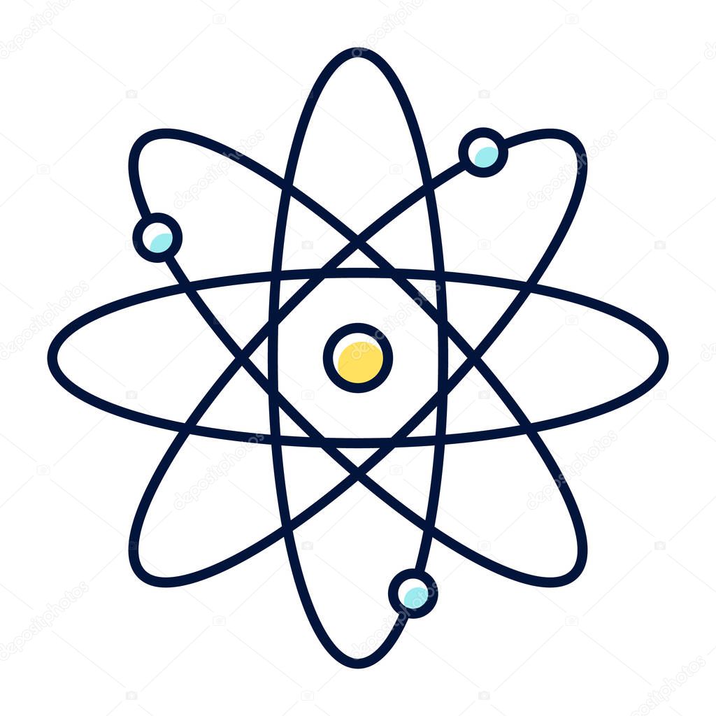 Molecule atom color icon. Nuclear energy source. Atom core with electrons orbits. Science symbol. Quantum physics. Model of particle. Organic chemistry. Isolated vector illustration