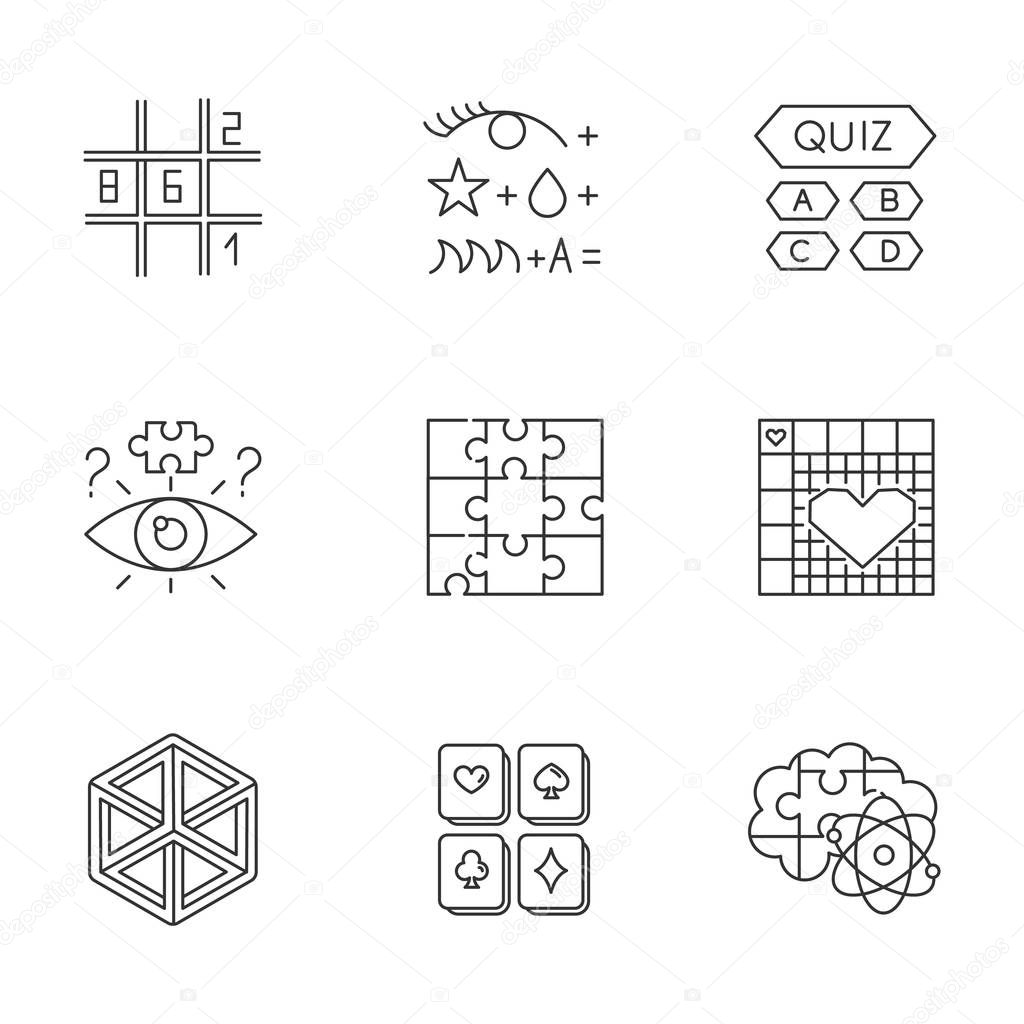 Puzzles and riddles linear icons set. Sudoku. Trivia quiz. Nonogram. Optical illusion. Jigsaw. Brain teaser. Thin line contour symbols. Isolated vector outline illustrations. Editable stroke