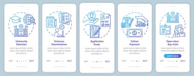 Mobil uygulama sayfa vektör şablonu üzerine üniversite girişi. Okul taksiti. Deneme, sınav. Doğrusal çizimler içeren web sitesi adımları. Ux, Ui, Gui akıllı telefon arayüzü kavramı