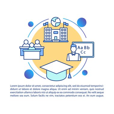 Metinli üniversite giriş konsepti simgesi. Üniversite kabul ve öğrenim. Okul mezuniyeti. Makale sayfa vektör şablonu. Broşür, dergi, kitapçık tasarım ögesi doğrusal çizimler