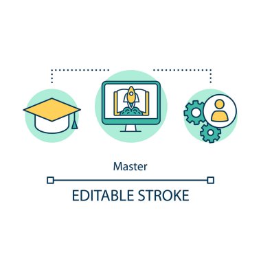 Ana konsept simgesi. Profesyonel işçi. Meslek olarak teori ve uygulama. İşteki bilgi ve deneyimi kullanarak ince çizgi çizimi. Vektör izole çizim. Düzenlenebilir vuruş