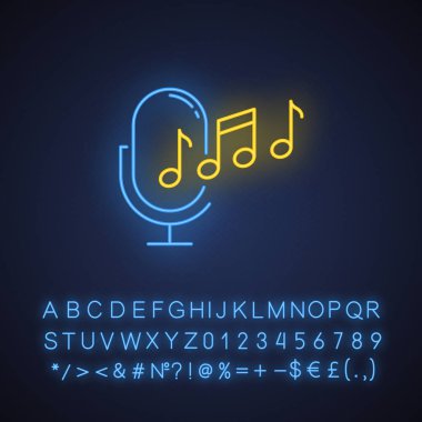 Ringtone recognition neon light icon. Melody definition app idea. Sound recorded. Microphone and notes, music equipment. Glowing sign with alphabet, numbers and symbols. Vector isolated illustration clipart