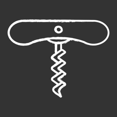 Sarmal tebeşirli şarap tirbuşonu. Şişe açma aleti. Barmen ve şarap garsonluğu ekipmanları. Alkol içecek aleti. Mantar çıkarıcı. Bar, restoran, aperatif. İzole edilmiş vektör karatahta çizimi