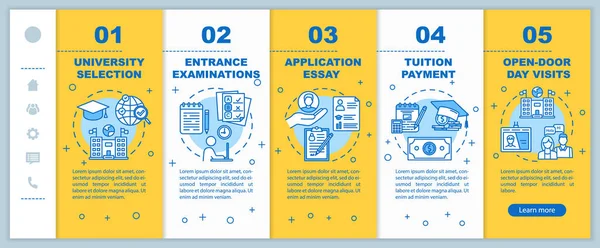 University Entrance Onboarding Mobile Web Pages Vector Template Essay Exam — ストックベクタ