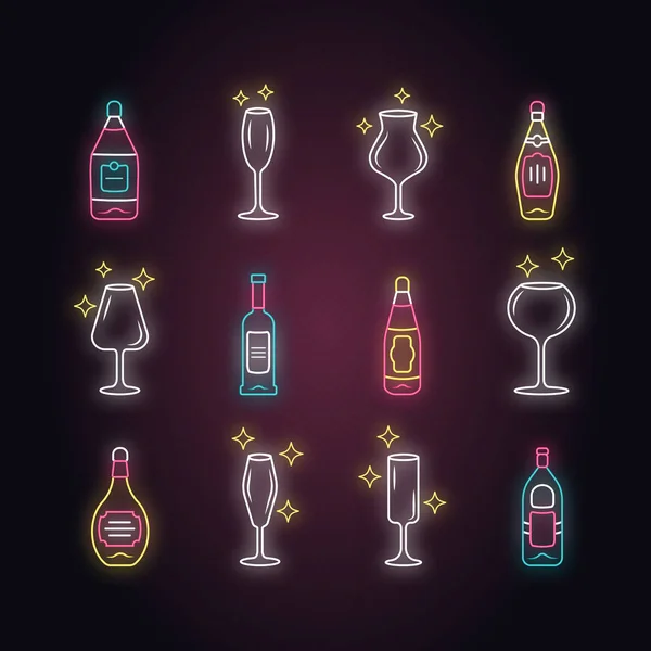 Alkohol Pít Skleněné Nádobí Neonové Světlo Ikony Set Vinařské Služby — Stockový vektor