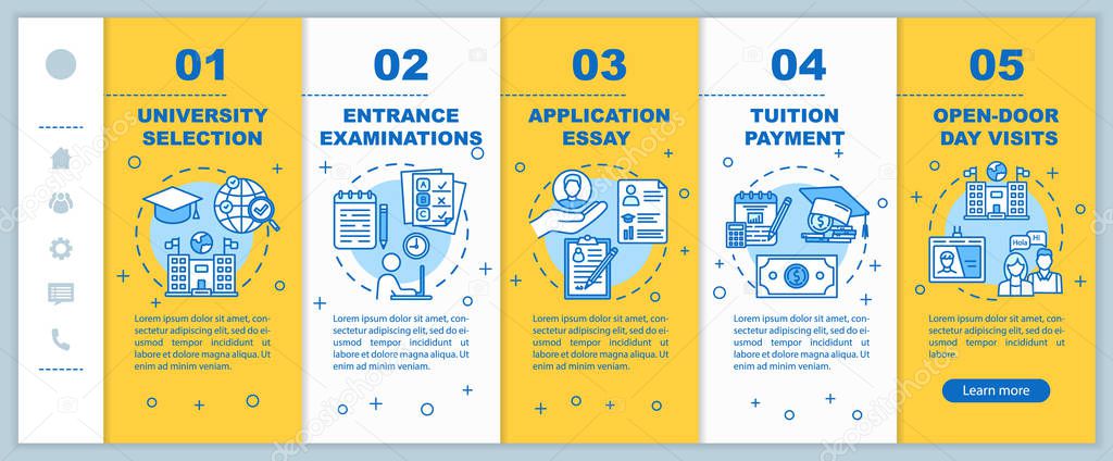 University entrance onboarding mobile web pages vector template. Essay, exam. Responsive smartphone website interface idea with linear illustrations. Webpage walkthrough step screens. Color concept