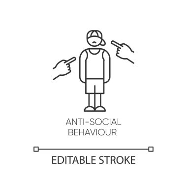 Anti-social behaviour linear icon. Harassment, bully. Teenager depression. Agressive public. Mental disorder. Thin line illustration. Contour symbol. Vector isolated outline drawing. Editable stroke clipart