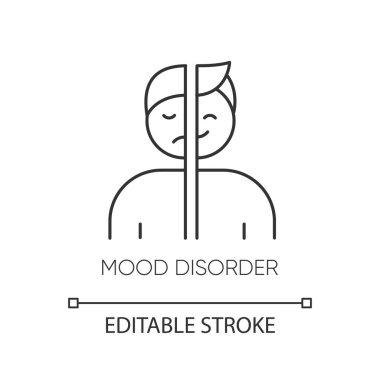 Ruh hali bozukluğu doğrusal simgesi. Manik, depresif nöbetler. Distimiya, siklotimi. Duygusal salıncak. Akıl sağlığı. İnce çizgili çizim. Contour sembolü. Vektör izole çizim. Düzenlenebilir vuruş