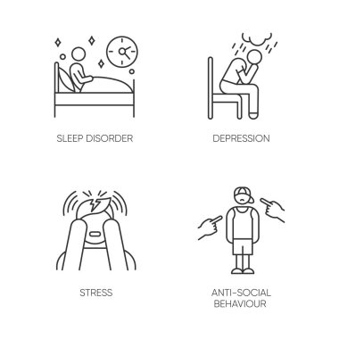 Zihinsel bozukluk doğrusal simgeleri ayarlandı. Uykusuzluk. Depresyon ve endişe. Stres yüzünden. Anti-sosyal davranışlar. Migrenim tuttu. İnce çizgi çizgili semboller. İzole vektör çizimi çizimleri. Düzenlenebilir vuruş