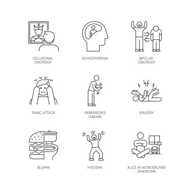 Mental disorder linear icons set. Schizophrenia. Bipolar disorder. Parkinson disease. Epilepsy. Bulimia. Hysteria. Thin line contour symbols. Isolated vector outline illustrations. Editable stroke