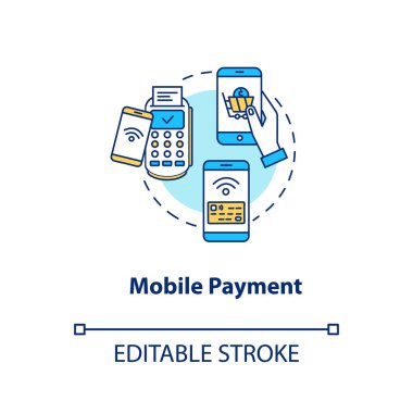 Mobile payment concept icon. Contactless money transfer idea thin line illustration. Wireless financial transaction. Banking operation. Vector isolated outline drawing. Editable stroke