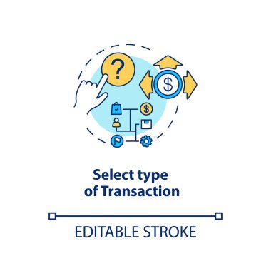 Select type of transaction concept icon. ATM operation idea thin line illustration. Money withdrawal procedure. Cashpoint, cashline. Banking. Vector isolated outline drawing. Editable stroke